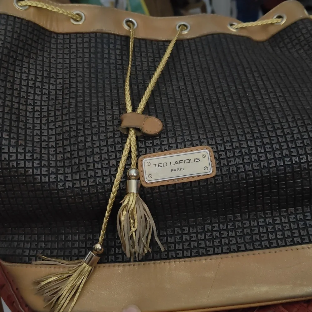 TED LAPIDUS Paris Monogram Leather Drawstring Bucket Crossbody Shoulder Bag